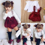 Comyson Spring Infant Baby Girls Yarn Lotus Lace Round Neck Blouse+Strap Bowknot Lantern Shorts Children Girls Clothing Set