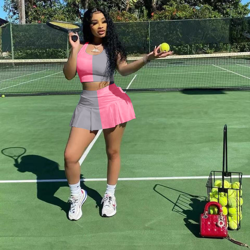 Conyson Wholesale Womens Matching Summer Outfits Women Short Set Clothing Custom Color Blocking Top Skirt  Casual Tracksuits