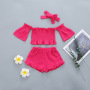 Conyson Wholesale New Summer Solid Sleeveless Off-the-shoulder Pleated Tops and Shorts Casual 3Pcs Kids Baby Girls Clothes Sets