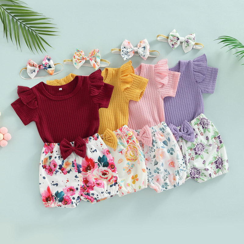 Conyson Summer Cute Baby Girls Summer 3Pcs Clothes Sets Solid Color Short Sleeve T-shirt + Floral Lantern Shorts Headband Sets
