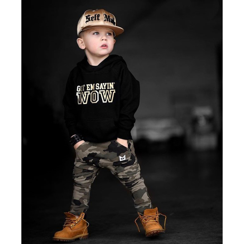 Long Sleeve Black Letters Childrens Onesie Mop Hooded Sweater Pants Two Piece Suit Boys Clothing Sets