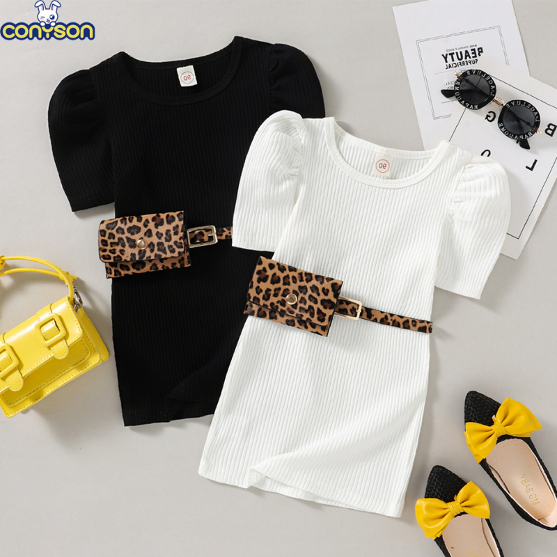 Conyson Summer Fashion Little Girls Dress Kids Clothes Short Puff Sleeve Solid Straight Dresses With Leopard Printed Fanny Pack