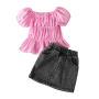 Conyson Off-The-Shoulder Stretch Pleated Lantern Bubble Sleeve Wholesale Ruffle Kids Clothing Short Top Bag Denim Girls Suit