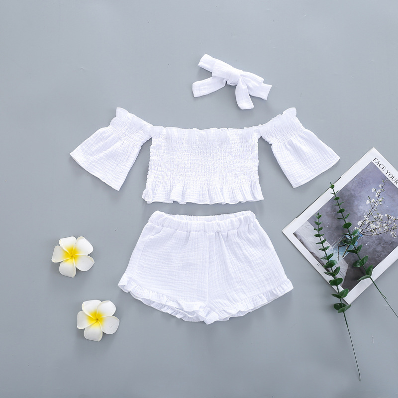 Conyson Wholesale New Summer Solid Sleeveless Off-the-shoulder Pleated Tops and Shorts Casual 3Pcs Kids Baby Girls Clothes Sets