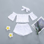 Conyson Wholesale New Summer Solid Sleeveless Off-the-shoulder Pleated Tops and Shorts Casual 3Pcs Kids Baby Girls Clothes Sets