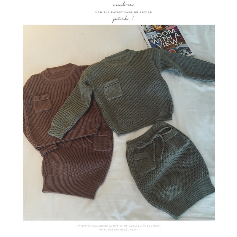 High Quality 2 Colors Cotton Knitted Sweater Top And Skirt Girls Two Piece Sweater Skirt Set