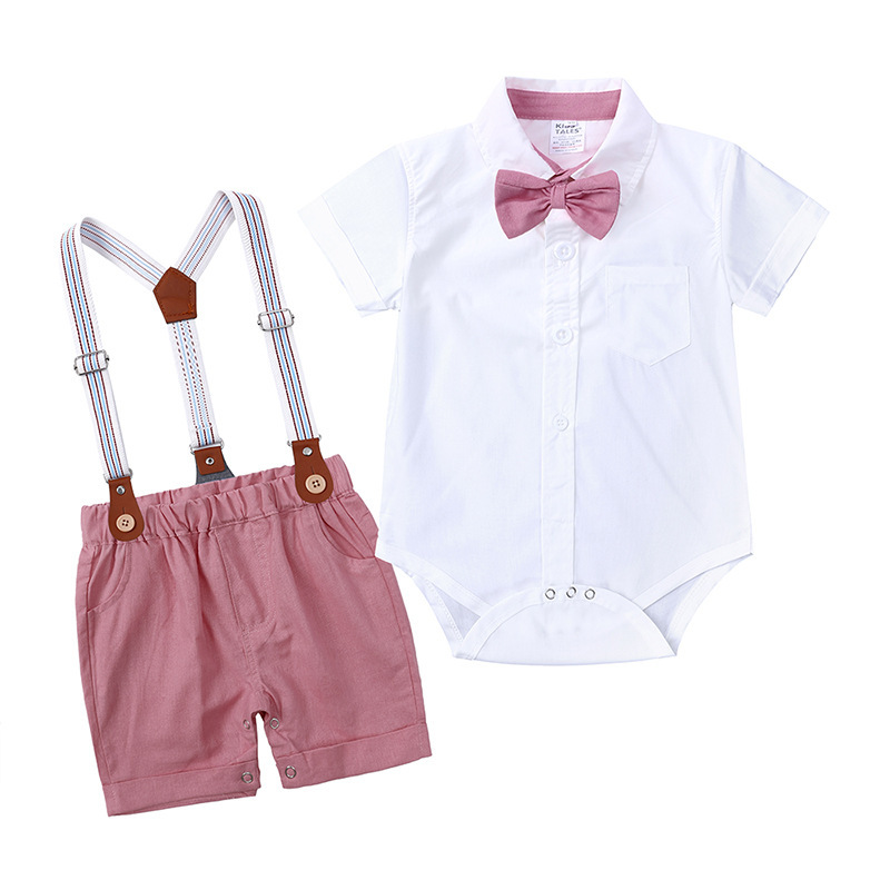 Conyson Wholesale Best Quality Spain Organic Vest Newborn T-shirt Bow Infant Suspender Cute Cloth Short Sleeve Baby Boy Romper