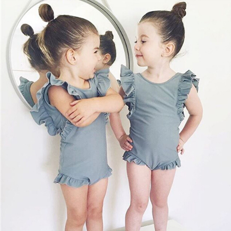 Conyson Cute Toddler Kids Baby Girls Swimwear Ruffles Sleeve Solid One Piece Summer Swimsuit Bathing Suit Bikini Clothes Kids