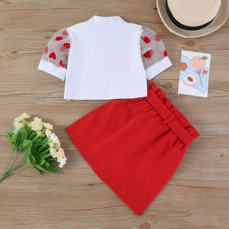 Conyson New Summer Valentines Days Kids Toddler Girls 2Pcs Clothes Sets Heart Letter Mesh Puff Sleeve T-Shirts+Bowknot Skirt Set