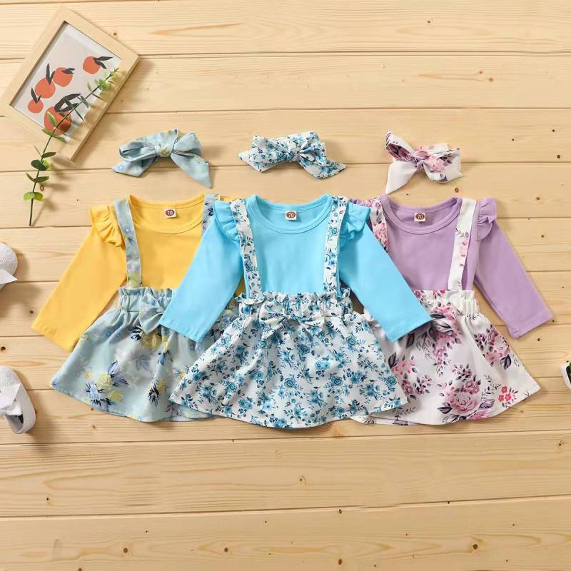 Conyson Hot Sale Kids Summer Clothing Sets Floral Pattern Baby Girl Jumpsuit Bow Strap Skirt with Headband 2Pcs Clothing Sets