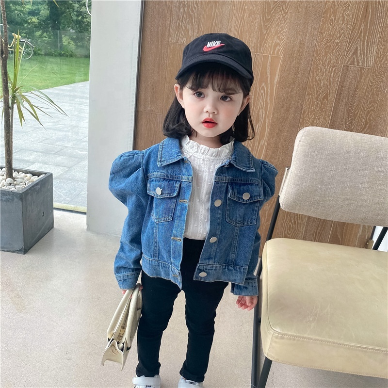 New Autumn Baby To Toddler Single Breasted Girl Puff Sleeve Baby Girls Jackets Denim Puffer Coat