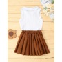 Conyson Summer Fashion White Sleeveless Lapel Knit Top Brown Boutique Pleated Skirt 2 Pieces Clothes Sets Casual Outfits