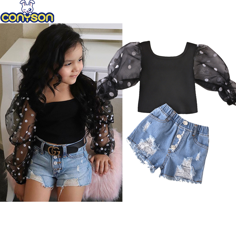 Conyson Fashion Children Clothes Sets Kids Baby Girls Mesh Sheer Puff Long Sleeve Blouse +Denim Shorts Jeans Outfits Tracksuit