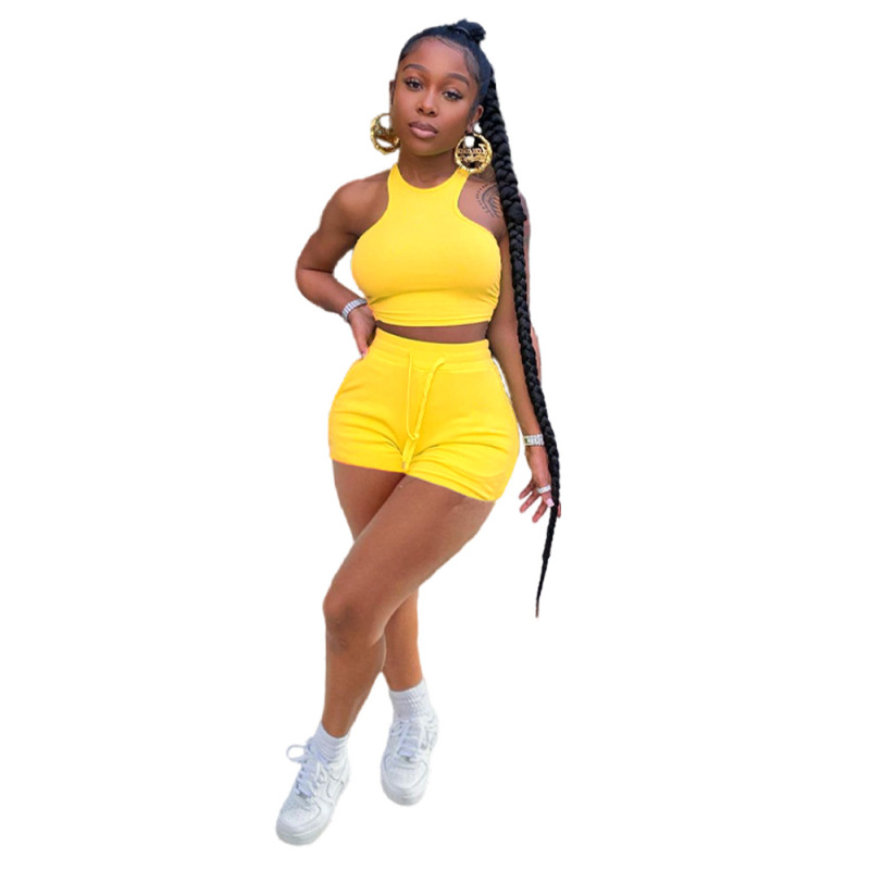 Rts high quality fashion summer Custom logo Made Outdoor women soild color suit clothes two-piece adult tant top clothing Sets