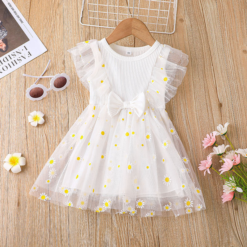 Conyson Summer Princess Kids Girls Dress Clothing 3 Colors Mesh Ruffles Sleeve Sunflowers Lace Tutu Dress Sleeveless Princess
