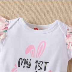 Conyson RTS Summer Letter Romper Suspender Shorts With Kneecap Three Pieces Cute Baby Girl Clothes Easter Kids Wear Clothing