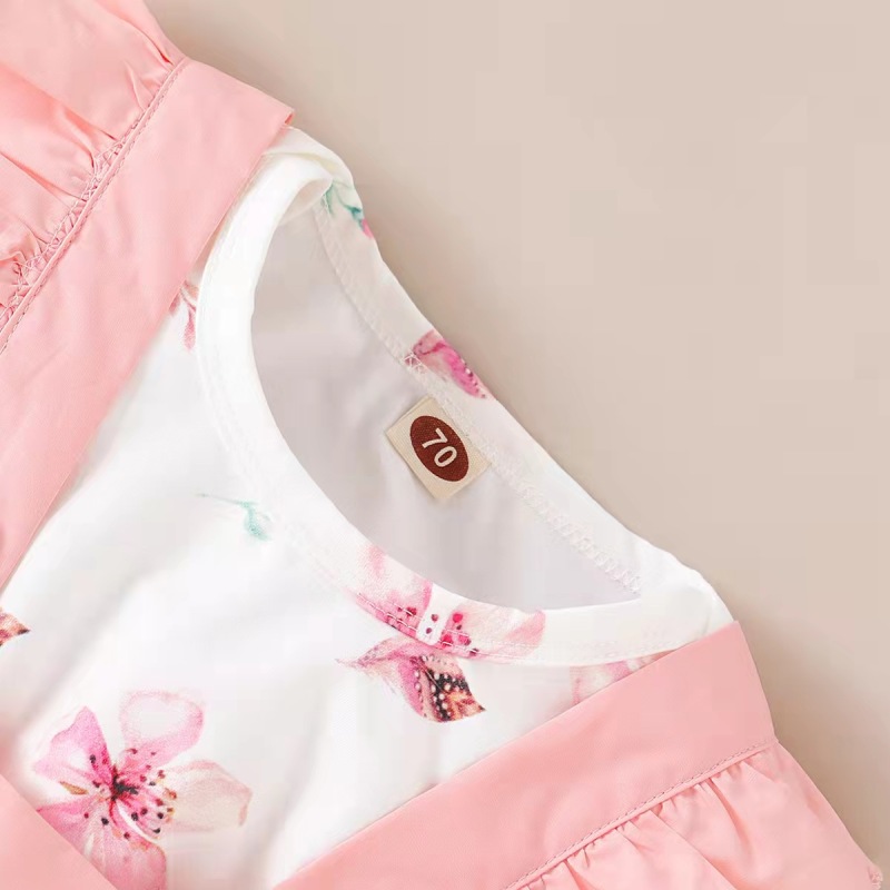 Conyson New Design Wholesale Summer Organic Cotton Short Sleeve Floral Patterns Cute Pink 3pcs Baby Girls Set