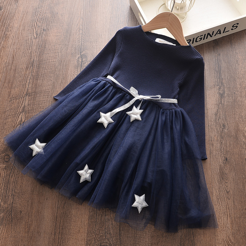 Manufacturers Selling Custom New Long-sleeve Tethers Girl Mesh Dress With Stars For Girls