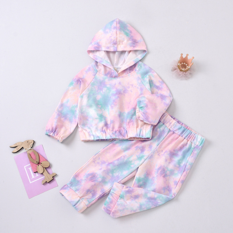 Factory Supply Wholesale Tie-Dye Elastic Knitted Kids Track Suits Little Baby Girls' Clothing Sets