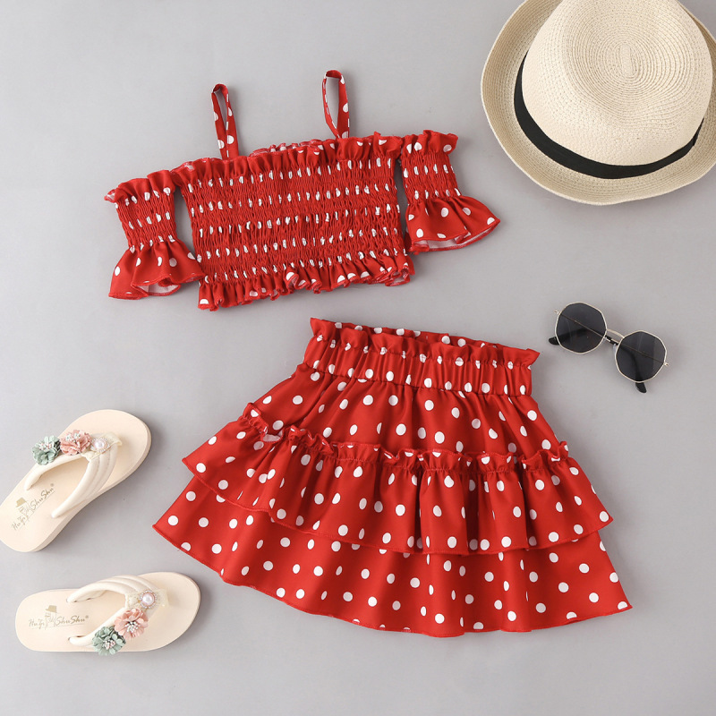 Conyson Hot Sale Summer Girls Printed Beach Fashion Halter Cake Children Dot Kids Clothing Skirt Set for 2-7 Years Girls