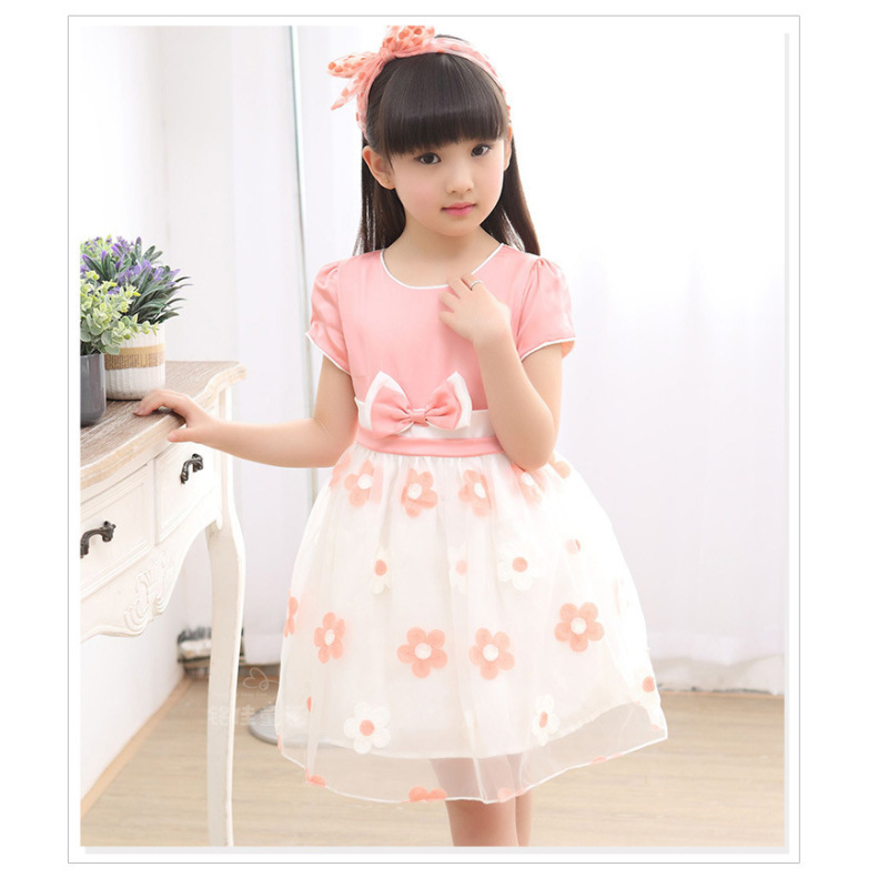 Conyson hot sale summer leisure polyester Girls Dress print casual bowknot pure color Girl sunflower Dress Korean Girl Dresses