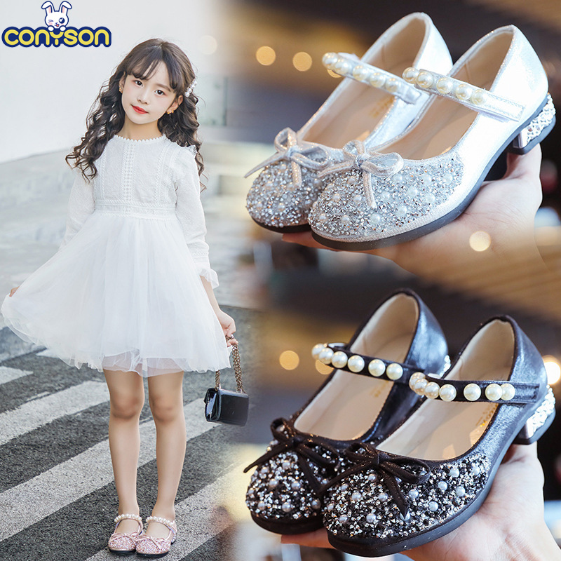 Conyson Hot Sale Spring Summer Princess Glass Slipper Diamond Casual Glitter Children Leather Mary Jane Shoes for Kids Girls