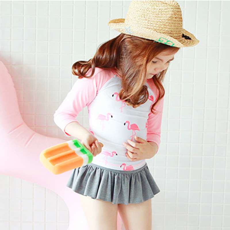Conyson Wholesale Summer Beach Kids Clothes Two Piece Baby Girls Long Sleeve Flamingo Bikini Children Ruffle Beachwear Swimwear