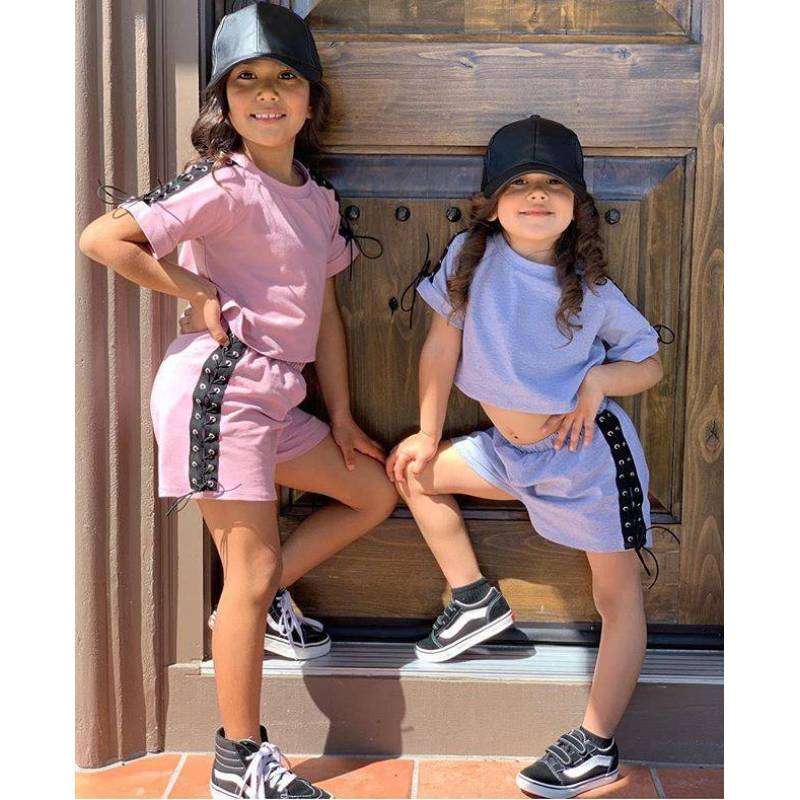 Conyson Wholesale Hot New Kids Clothes Children Summer Baby Little Girls Short Sleeves T-shirt Shorts String Design Clothing Set