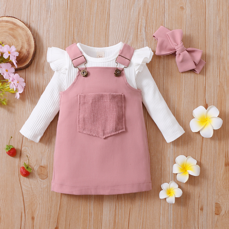 Conyson Wholesale Baby Kids Girls Solid Stripes Long Sleeve Romper Tops Pocket Suspender with Headband 3Pcs Clothing Skirt Set