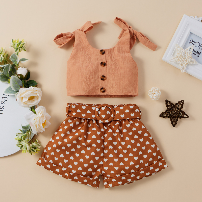 Conyson Toddler Baby Girl Summer 2Pcs Set Solid Bandage Suspender Tops + Polka Dot Elastic Heart Short Pants Casual Outfits