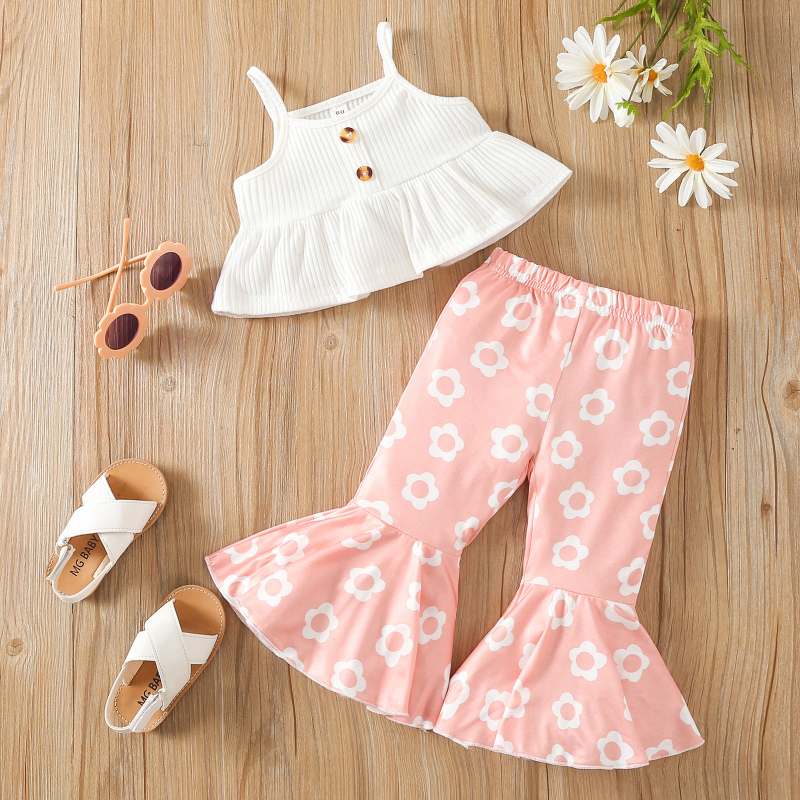 Conyson Baby Girls Summer Clothes Sets Sleeveless Ribbed Sling Vest + Floral Printed Flared Pants Kids Clothes  Casual Print Set