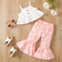 Conyson Baby Girls Summer Clothes Sets Sleeveless Ribbed Sling Vest + Floral Printed Flared Pants Kids Clothes  Casual Print Set