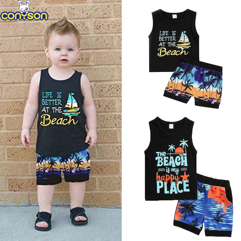 Conyson hot sale fashion summer Children's print sunshine cotton clothes infant kid short suit two-pieces vest boy clothing Sets