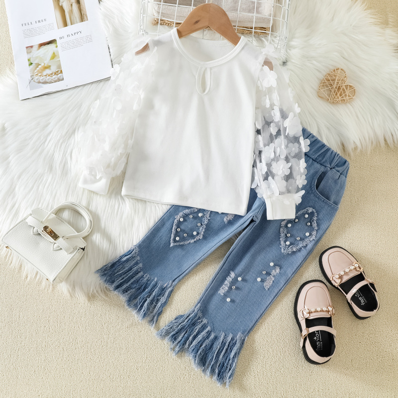 Conyson hot sale fall kids designers fashion boutique baby girls floral clothing suits denim pearl pants wholesale clothes sets