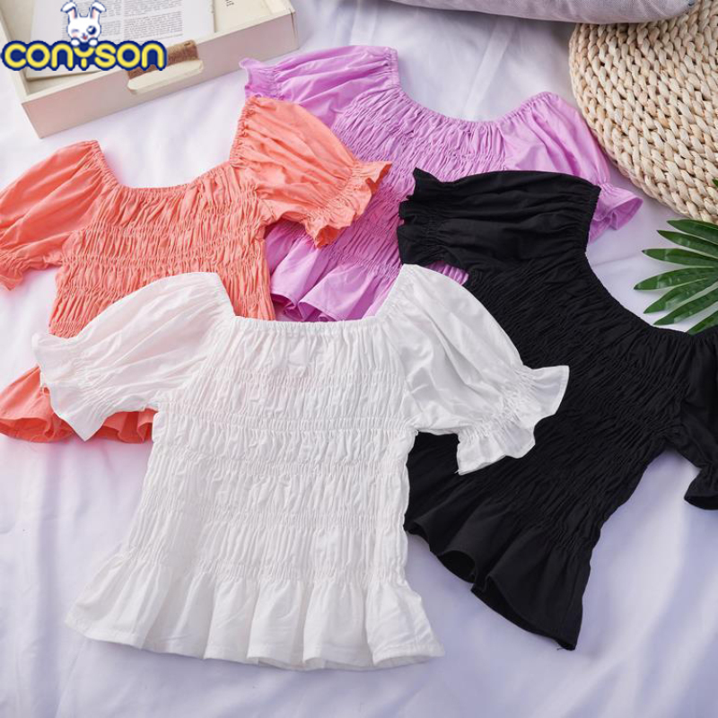 Conyson boutique Children's Kids Korean Fashion square Neck pure color Girl T-shirt fold Summer kids Girls clothing Tops T-shirt