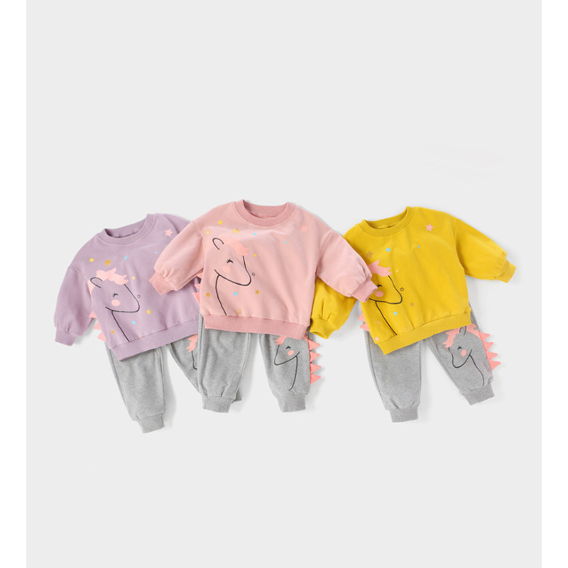 Conyson Fashion New Soft Fabric Cartoon Children's Long Sleeve cotton print rainbow horse Two-piece Winter Clothing Set