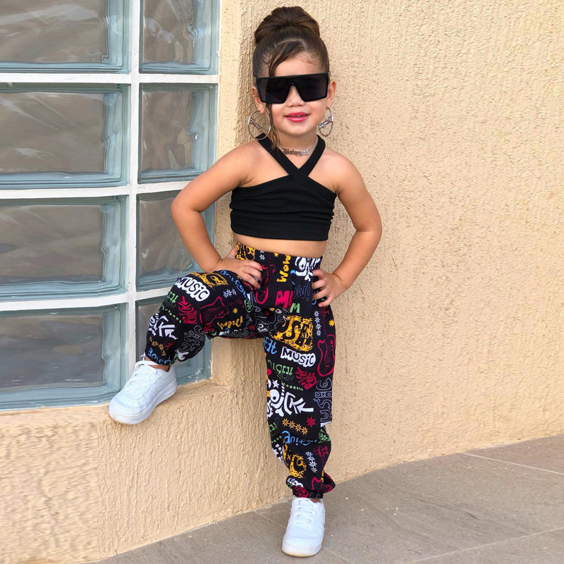 Conyson Newest 2023 Black Sleeveless Slip Short Top+Long Scrawl Pants Colorful Summer Baby Girl 2 Pieces Kids Clothing Girl Sets