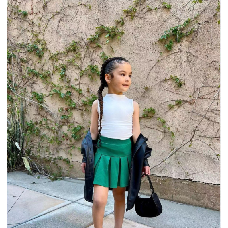 Conyson Wholesale summer toddler 2-7y Girl Newborn Clothes Suit Solid Color Sleeveless Top Pleated Skirt Two-Piece Girl Set