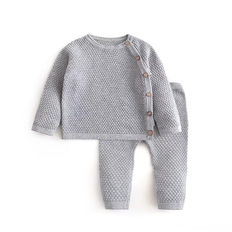 2022 Autumn Winter 100% Cotton Knitting Sweater Baby Sets Warm Botton Long Sleeve Top Pants 2pcs Newborn 0-3 Years Baby Clothes
