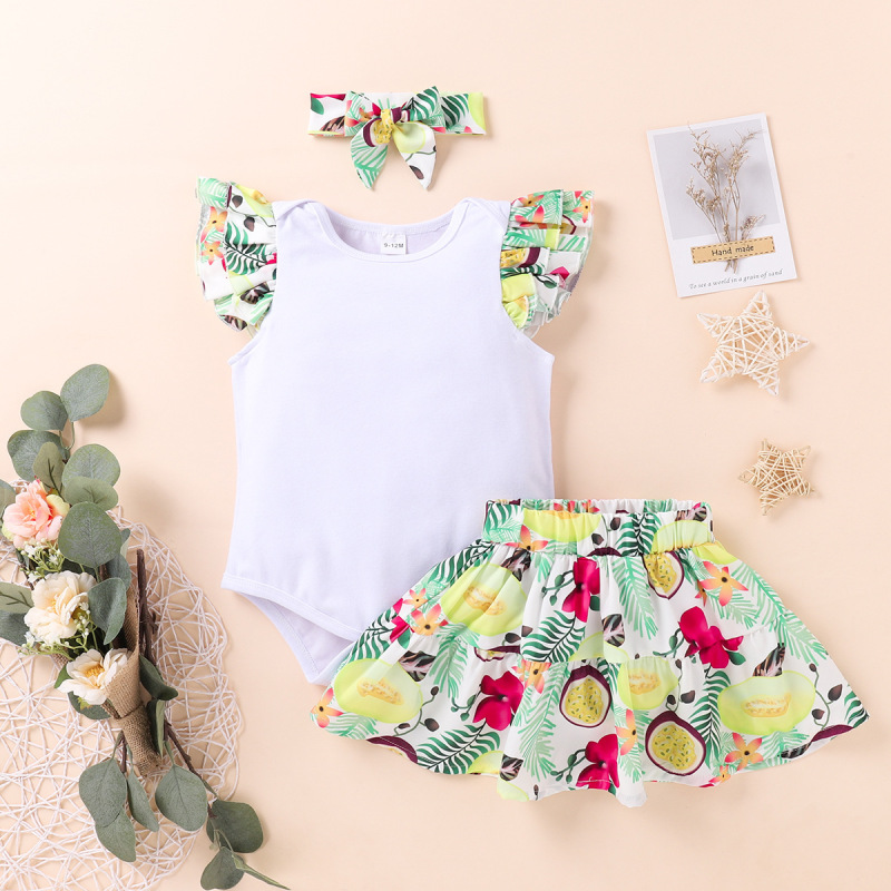 Conyson New Design Summer Pleated Short Sleeves Solid Top+Fresh Fruits Print Dress + Headband Casual 3Pcs Baby Girl Clothes Sets