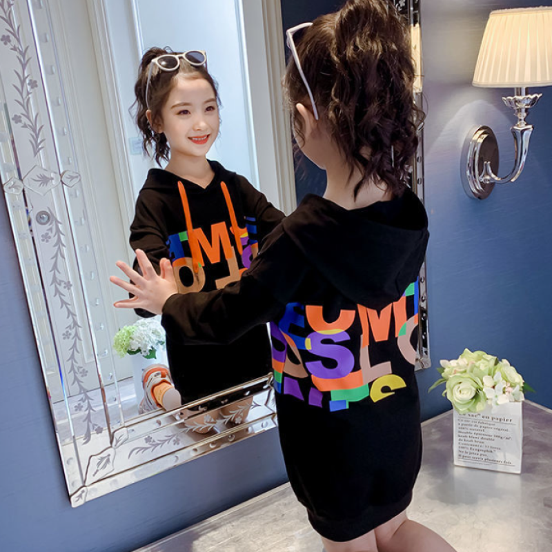 Conyson New Designer Letter Printed Kids Hoodies Clothes Casual Cute Teen Long Black Hoodies Sweatshirt Dress For Teenager Girls