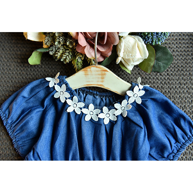 Hot Sale 2021 Summer Korean new Fashion Short Sleeve Flower Blue ruffle A-Line clothing beautiful Princess baby Girl Denim Dress