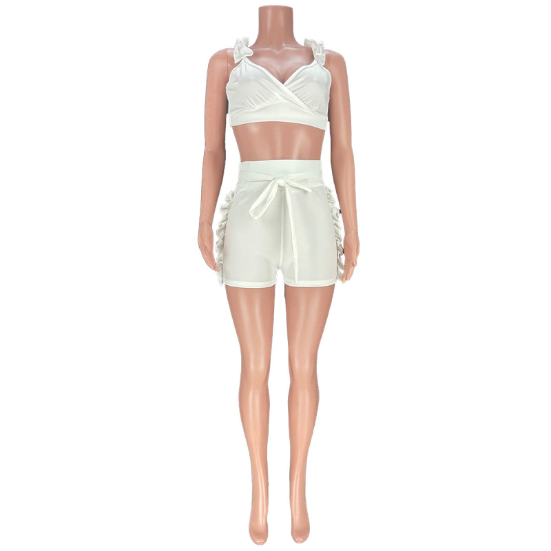 V Neck Cross Sling Ruffle Flouce Shorts Two Piece Suits Solid Colored Crops Tops Belted Sport Briefs Summer Women Sets