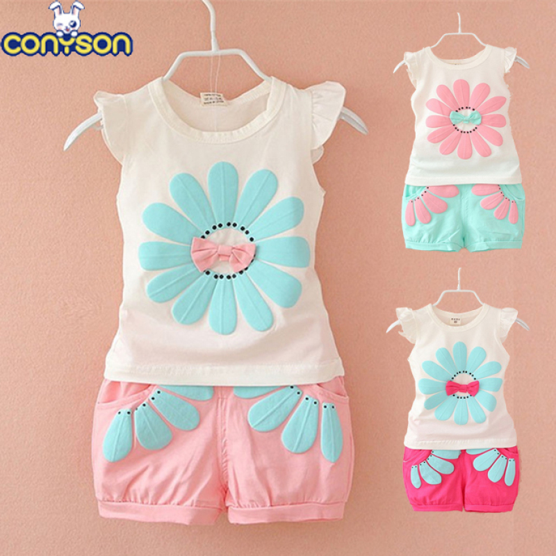 Conyson ins summer infant baby girls Toddler kids clothing suit 2 Pieces short baby children wear girl Pants Fashion clothes Set