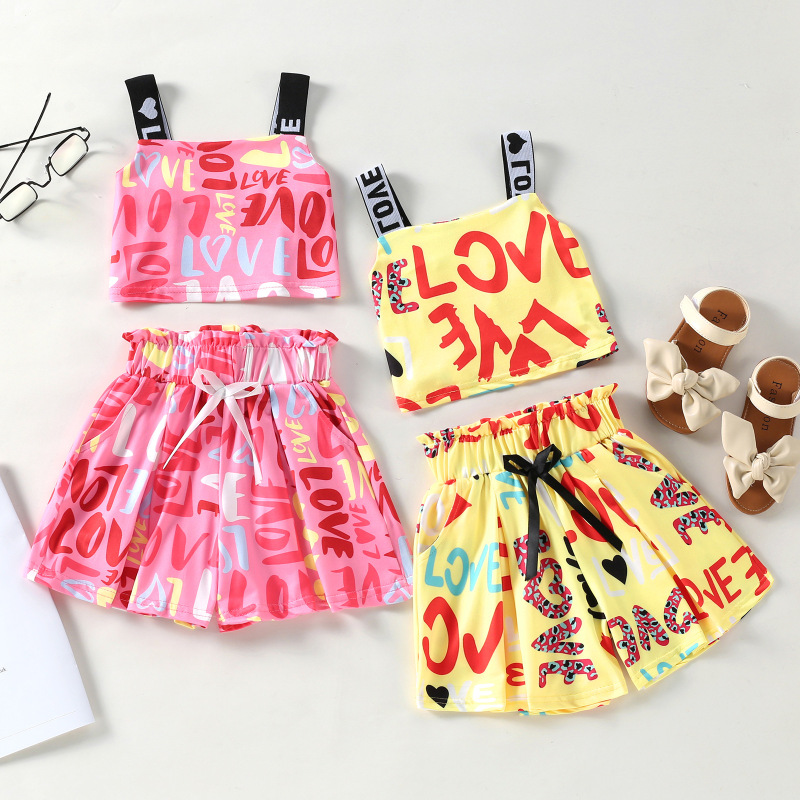 Conyson Wholesale Summer Kids Clothes Baby Little Girls Sleeveless Halter Vest Graffiti Love Letter Print Shorts Casual Outfit