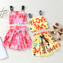 Conyson Wholesale Summer Kids Clothes Baby Little Girls Sleeveless Halter Vest Graffiti Love Letter Print Shorts Casual Outfit