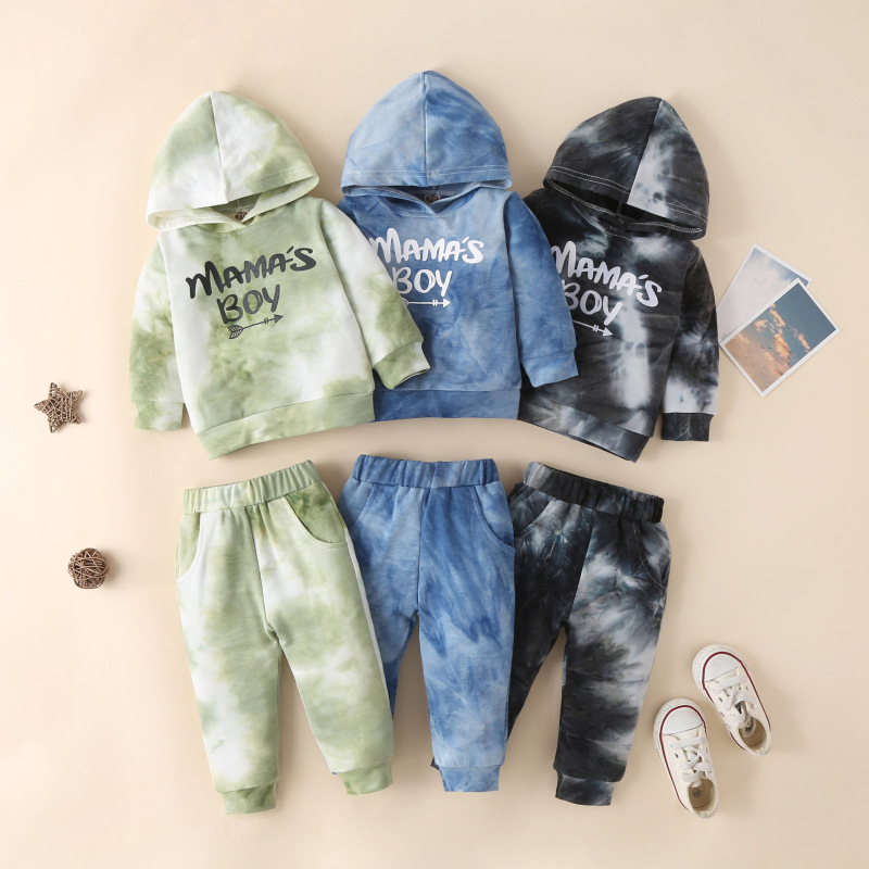 Conyson Kids Two Piece Clothing Set Children's Tie Dye Sweater Hooded Tracksuit Pullover Trousers Boys Two-piece Suit