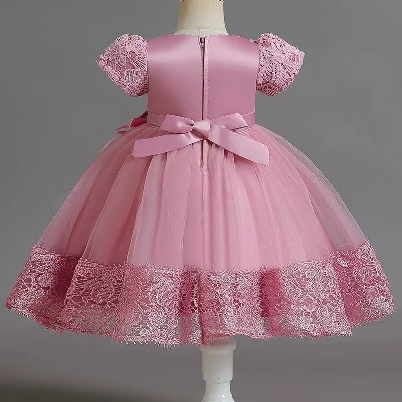 Conyson Hot Wholesale European Style Embroidery Design Frill Hem Solid Puff Sleeve Elegant New Girls floral Princess Dress