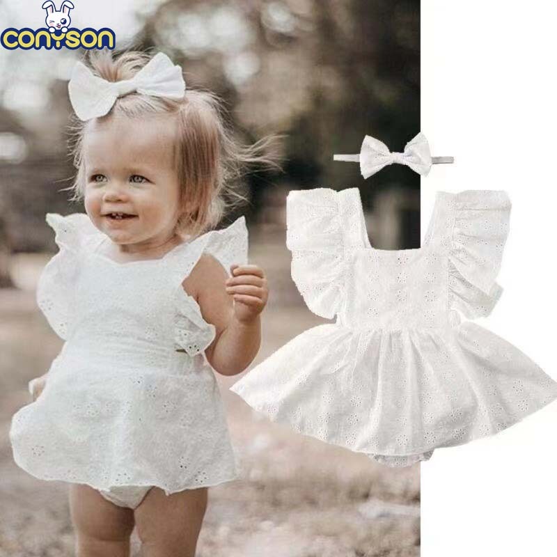 Conyson Hot Selling Reasonable Price Summer Flying Sleeve 1 to 3 Years Old Cotton with headband Baby Unisex Clothing Romper