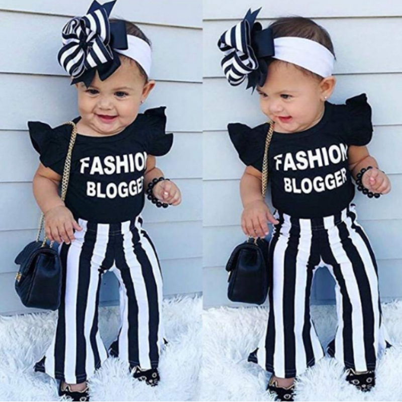 Stripe Pants Kids Girls Cotton Short Sleeve Set Girls Summer Cotton Printed Striped Bottoms Baby Two Piece Sets Outfits